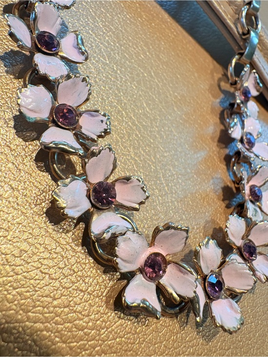 Vintage Jewelry - Antique Pink Dogwood Floral Amethyst Purple Crystal Statement Necklace Gold